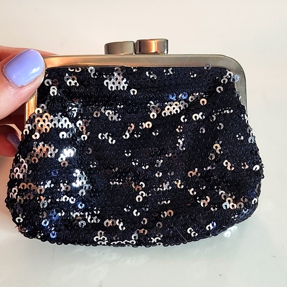 Victoria's Secret Kisslock Black Sequin Coin Credit Card/Accessory Pouch